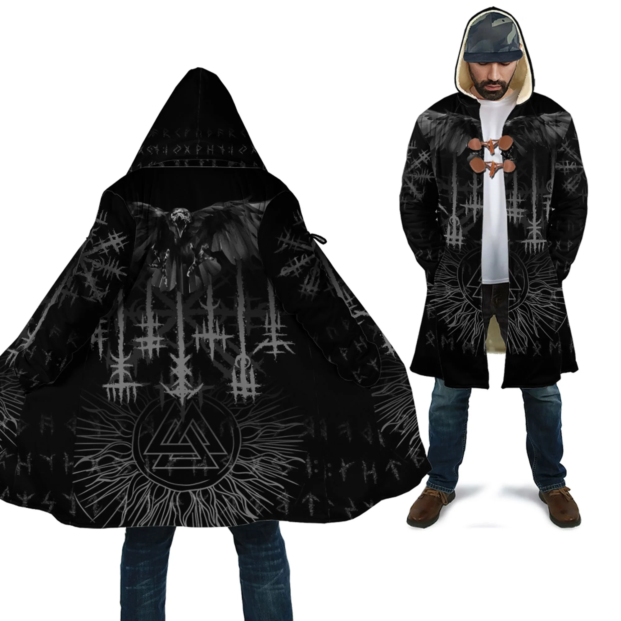 Raven and Valknut Gold Tattoo 3D All Over Printed Men's Fleece Hooded Cloak Winter Unisex Casual Thick Warm Cloak Coats PF113