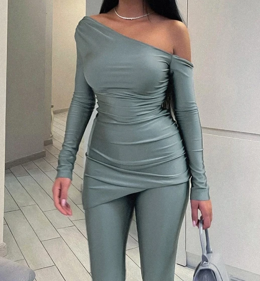 Women's Pants Set 2024 Spring Sexy Elegant Solid Color Slanted Neck Off Shoulder Long Sleeved Top & Plain Tight Pants Casual Set women s dress 2024 summer sexy low collar high waisted tied detail sleeveless dress tight fitting buttocks wrapped dress