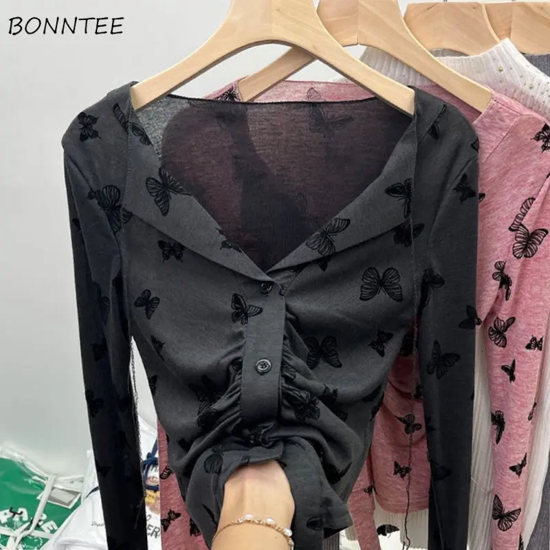 

Shirts Women Slim Sexy V-neck Sweet Printed Chic Korean Style Popular Office Lady Aesthetic Design Vintage Cropped Temperament