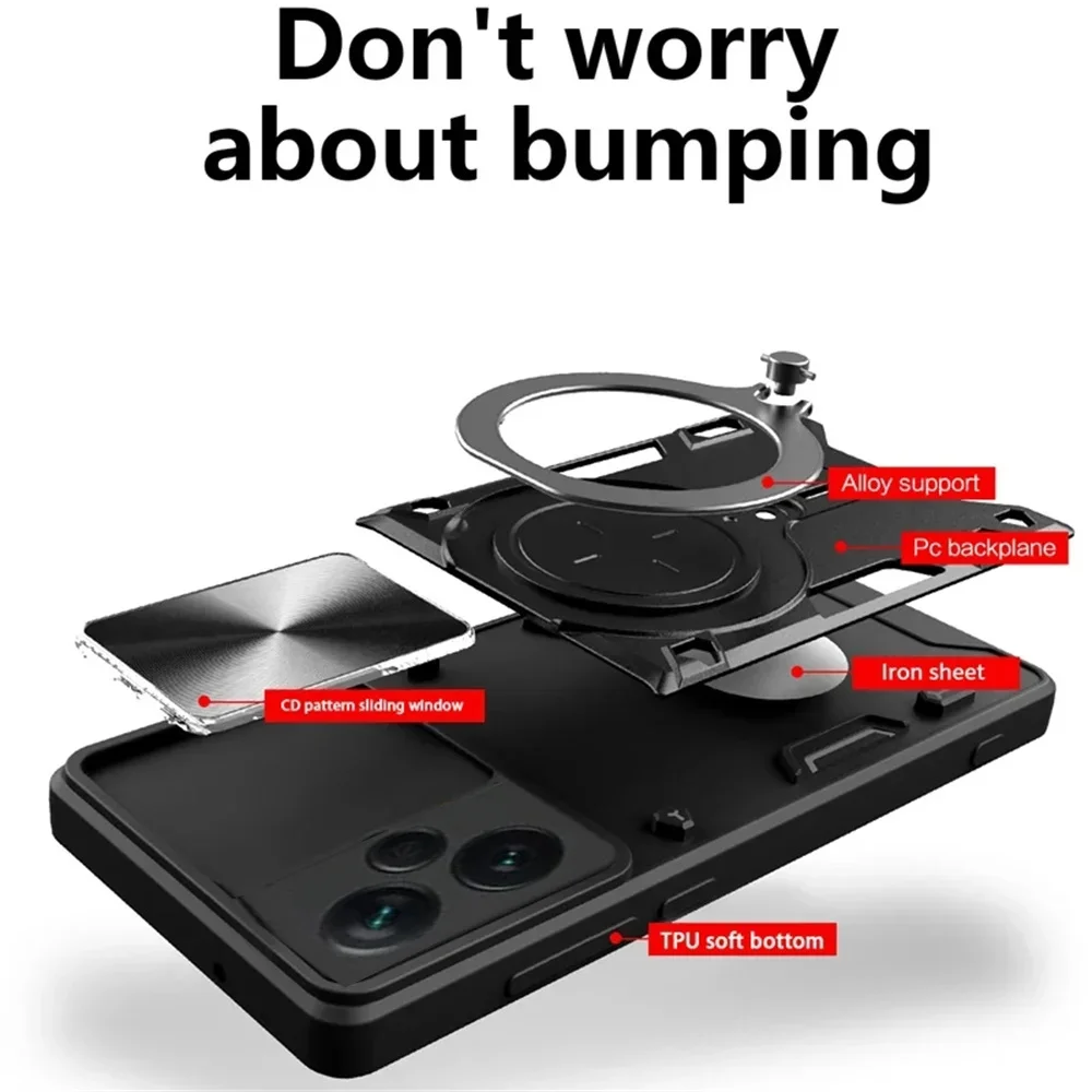 Magnetic Slide Camera Case with Armor Ring Holder and MagSafe Compatibility