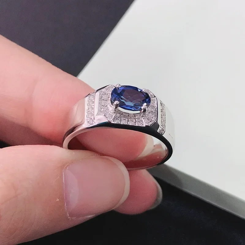 High-end Delicacy Solid 18K White Gold Platinum PT950 Men's Egg Shaped Sapphire Four Claw Ring Men's 1 Carat Diamond Ring