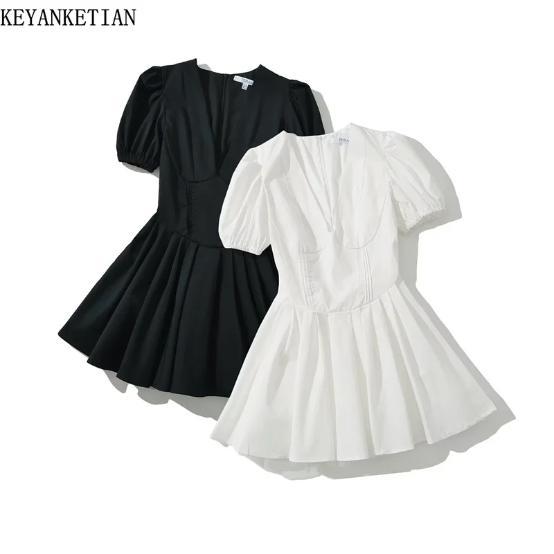 

KEYANKETIAN 2024 New Launch Women's Puff Sleeve Mini Dress Summer Seam Detail Slim Solid color Back Zipper A-line Short Dress