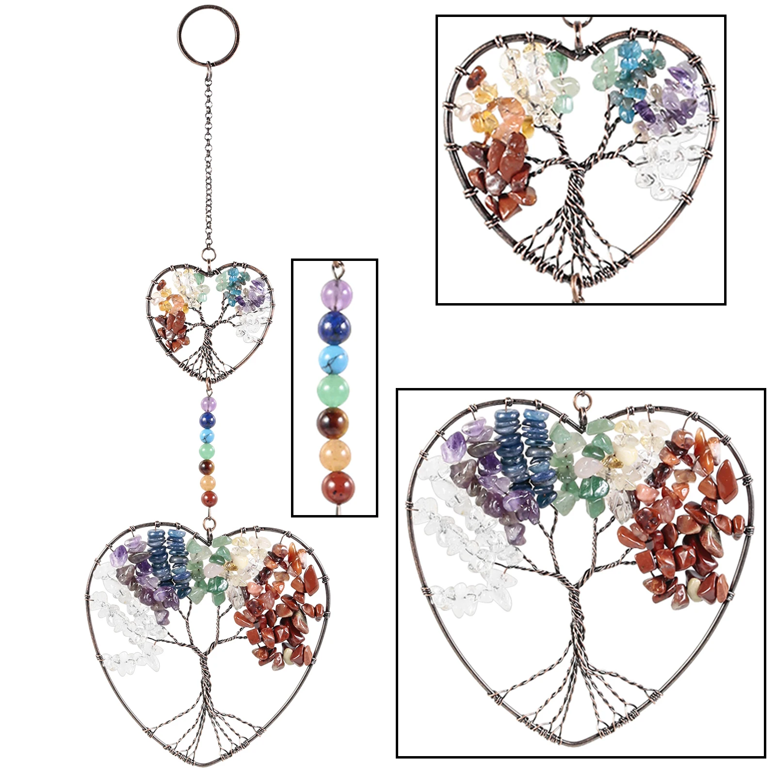 Double Heart Tree Of Life Hanging Ornaments Natural Natural Crystal Stones Wall Art Decor For Home Decoration