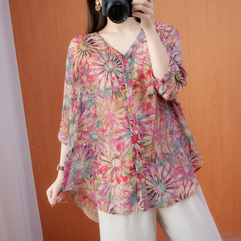

Loose Cotton Linen Floral Women Shirts Summer Vintage V-Neck Casual All Match Elegant Female Outwear Coats Tops