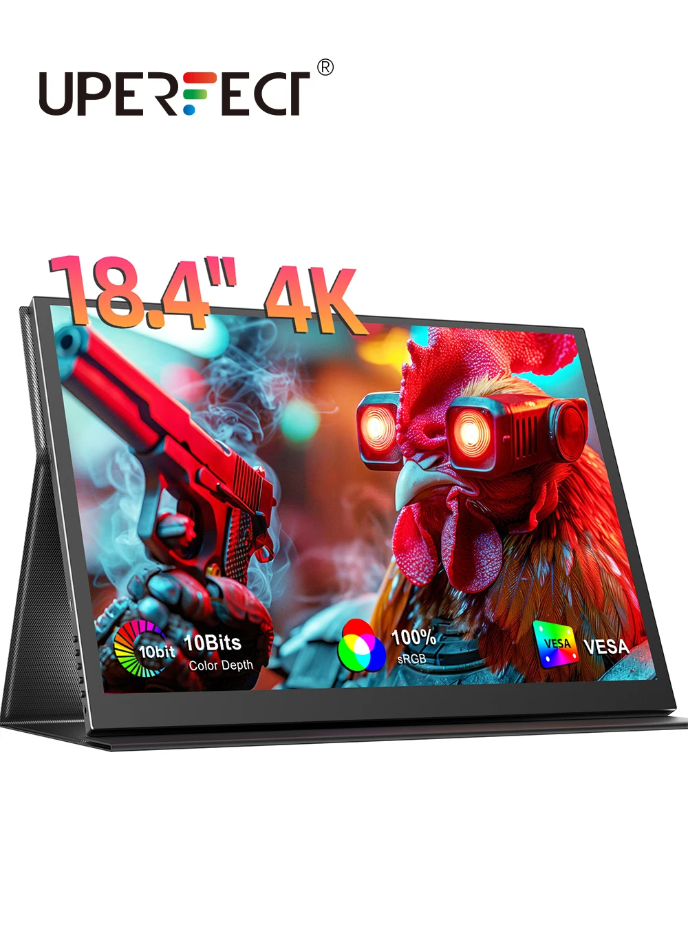 Портативный монитор UPERFECT, 4K, 18,4 дюйма, 10 бит UHD, FreeSync, IPS, HDR, игровой дисплей с USB C, HDMI, VESA и смарт-чехол. Внешний второй экран для ноутбука, компьютера, телефона.
