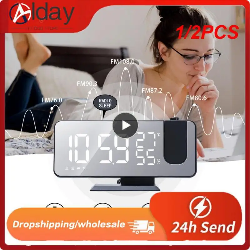 

1/2PCS Digital Alarm Clock Radio Projection Multifunction Bedside Time Display Radio With Temperature And Humidity Mirror Clock