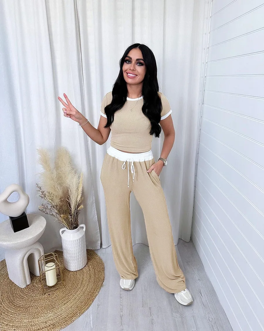 Summer Sporty Style Two Piece Set Women Casual Round Neck Short Sleeved Tshirt Drawstring Sports Pants Two Piece Set Women