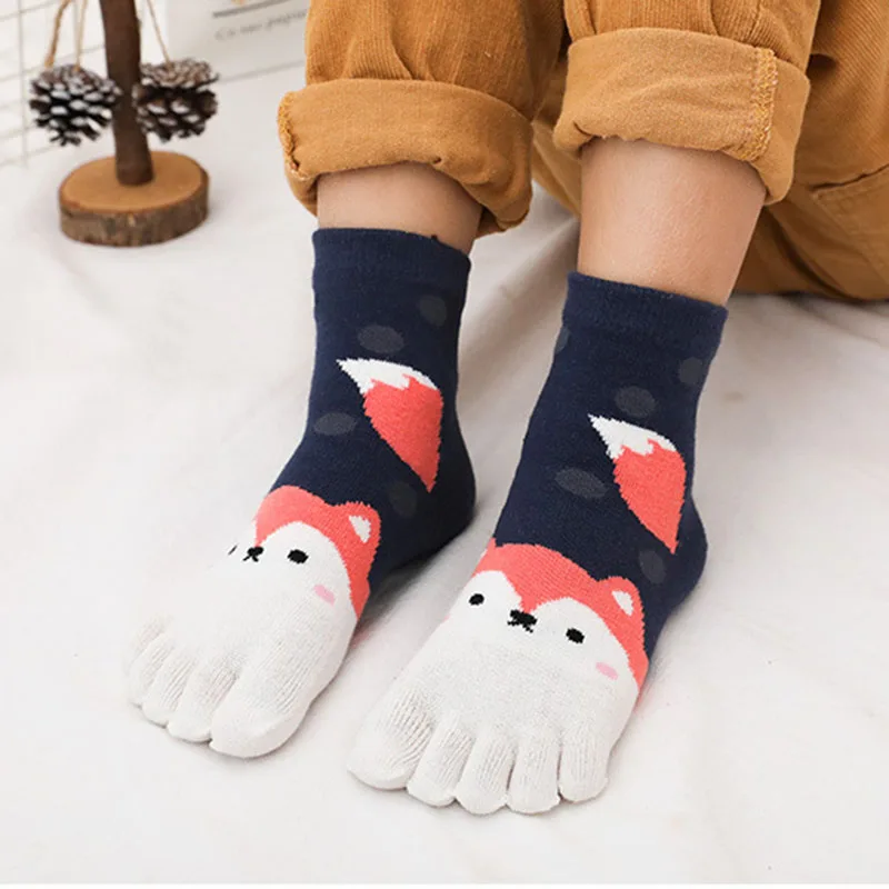 5 Pairs Children Split Toe Cartoon Socks Cute Animal Socks Kids Boys Girls Combed Cotton Five Finger Sock for 3-7-12Y Baby Gift