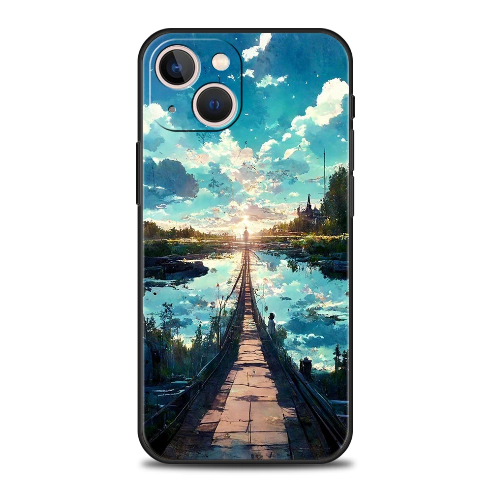 Japan Anime Landscape Luxury Phone Case - Premium Silicone Black Cover