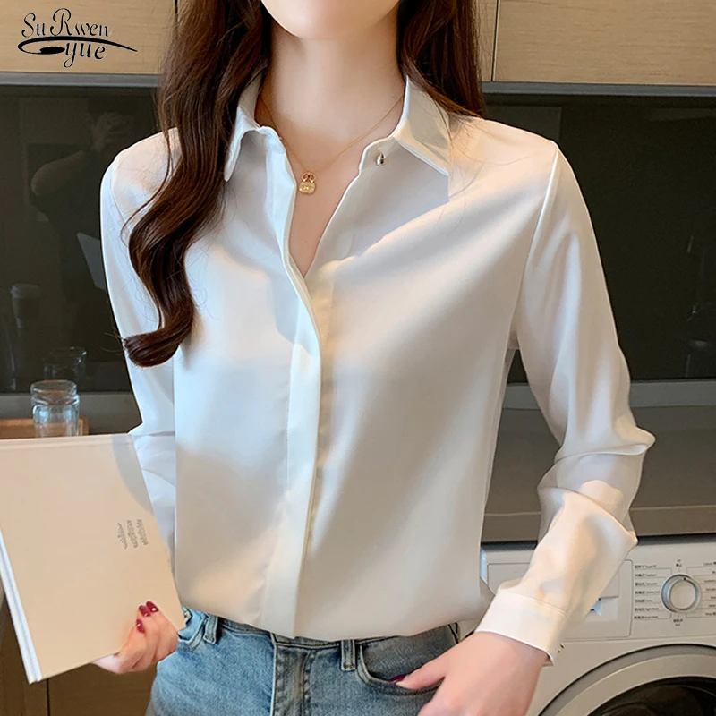 Camisa de seda de manga larga para mujer, blusa lisa con cuello vuelto para Tops elegantes para mujer 2023|Camisa| AliExpress