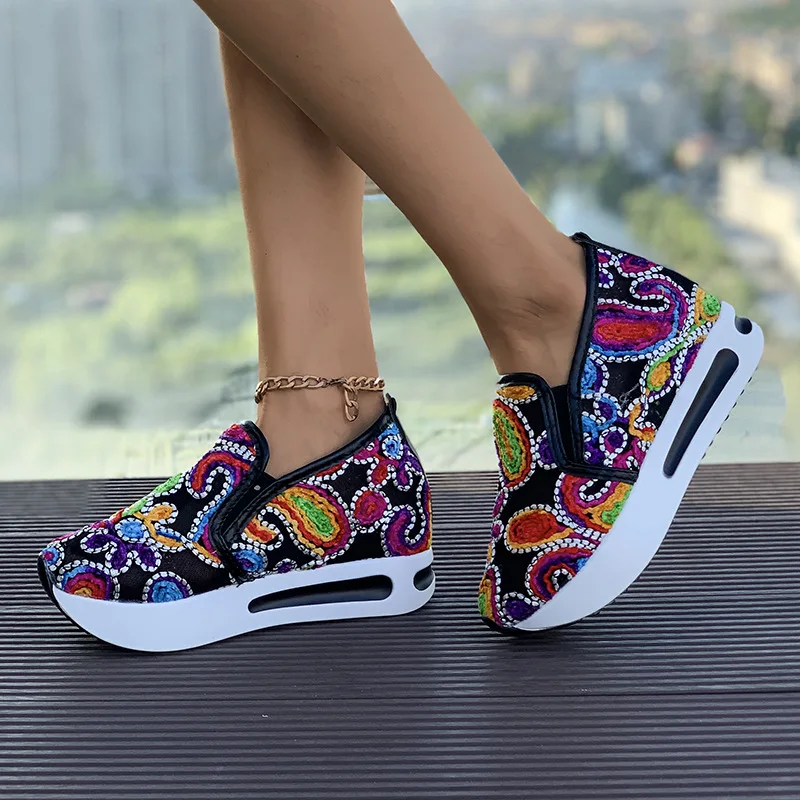 Women's Floral Pattern Embroidery Wedge Shoes round Toe Mesh Platform Sneakers Fashion Spring Autumn Increase Height