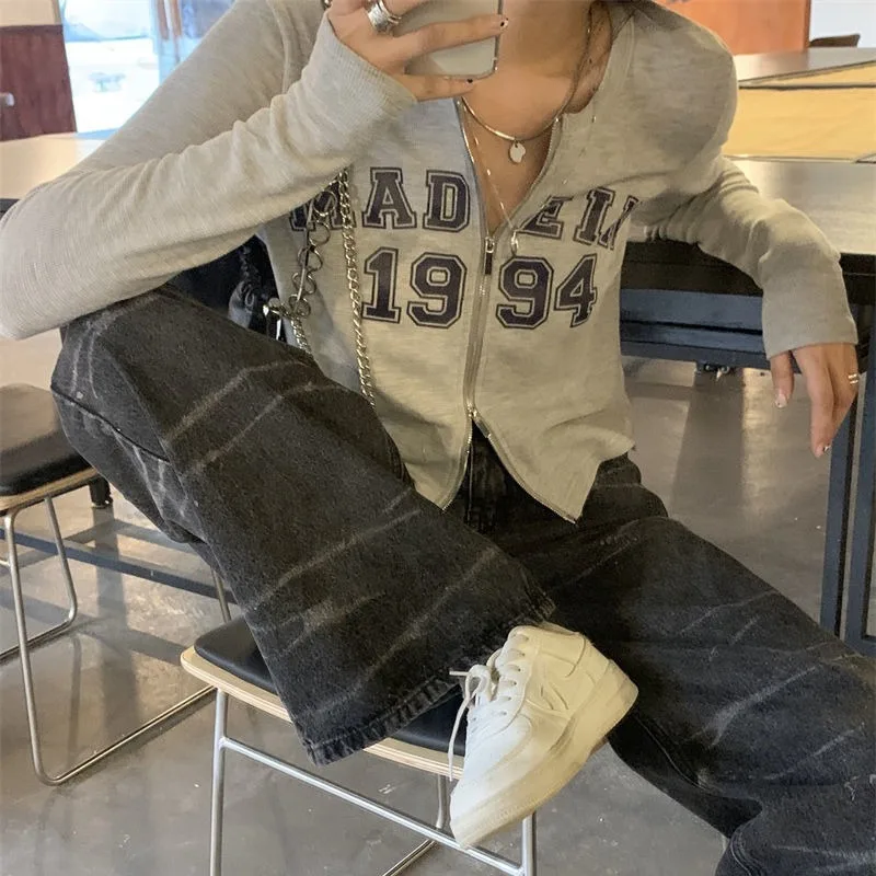 

Свитшот женский в стиле Харадзюку, базовый Приталенный топ с круглым вырезом, на молнии, с надписью, с длинным рукавом, в Корейском стиле, Y2K