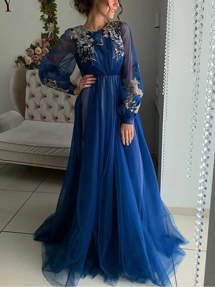 

Blue Appliqued Long Sleeves Wedding Guest Evening Prom Dresses for Bride Jewel Neck Pleated Arabic Special Summer 2023