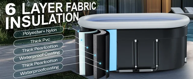 175 Gallon Oval Ice Bath & Cold Plunge Tub - Inflatable With Air Cushion Ring, Foldable, Multi-Layer Insulation, Includes Lid & Drain (55" X 26" X 27")