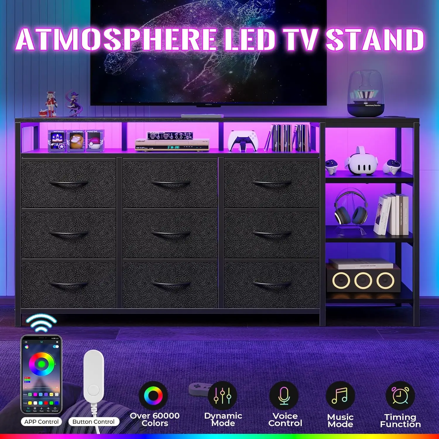 TV Stand for 60 Inches TV,Dresser with Charging Station & LED Lights, 9 PU & Fabric Drawers,Entertainment Center