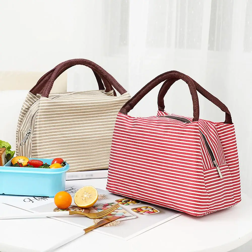 여성용 줄무늬 점심 가방 등온 가방 포장 식품 보온 가방 보온 파우치 어린이 점심 가방 냉장고 가방