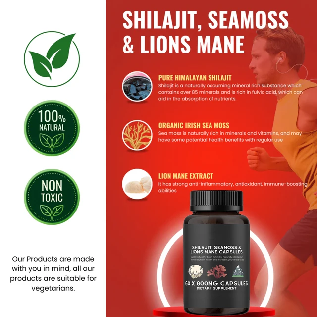 Shilajit, SeaMoss&Lions Mane Capsules - Comprehensive All-in-One Wellness Supplement for Mind, Body, and Vitality - 60 Capsules