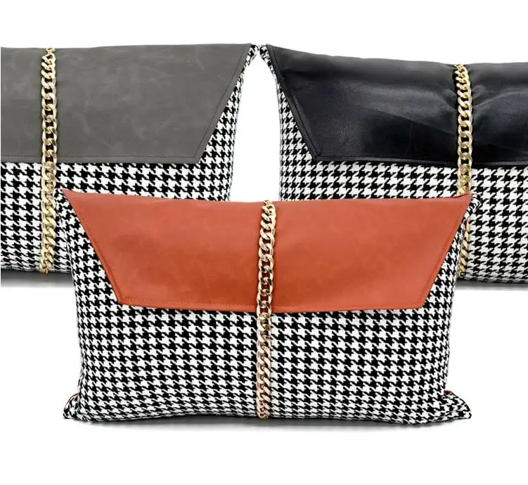 

Simple light luxury orange/black/grey pillowcase sofa pu leather patchwork cushion cover hounds tooth pillow cover golden chain