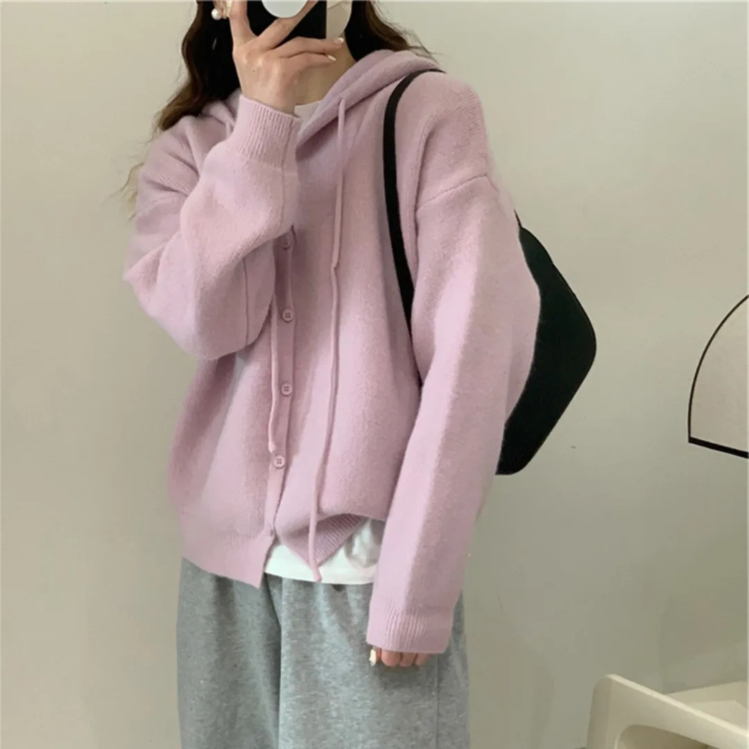 

Wwomen's Casual Hooded Long Sleeve Single Breasted Cardiagn Lady Spring Autumn Solid Color Soft Knitted Cardigan Outwear