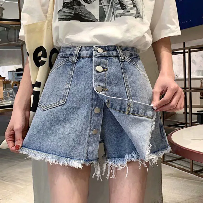 

Korean Style Distressed Skirt with Shorts Women 2023 Summer Tassel Single-Breasted Denim Skirt Woman Y2K High Waist Mini Skirt