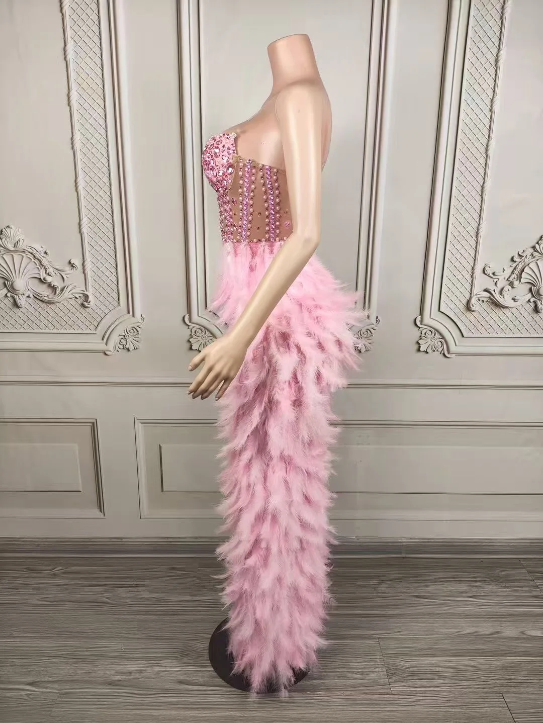 Luxury Party Glitter Beading Feather Pink Dress Women Sexy