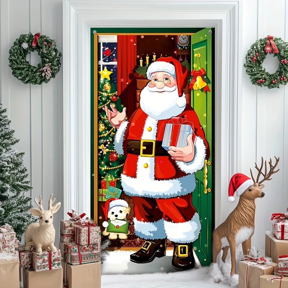 thumbnail image 1 of 1 pieza, cubierta de puerta navideña, no requiere fuente de alimentación, suministros para fiestas, decoración para fiestas navideñas, material de poliéster, 35,4 x 70,8 pulgadas, 1 of 4