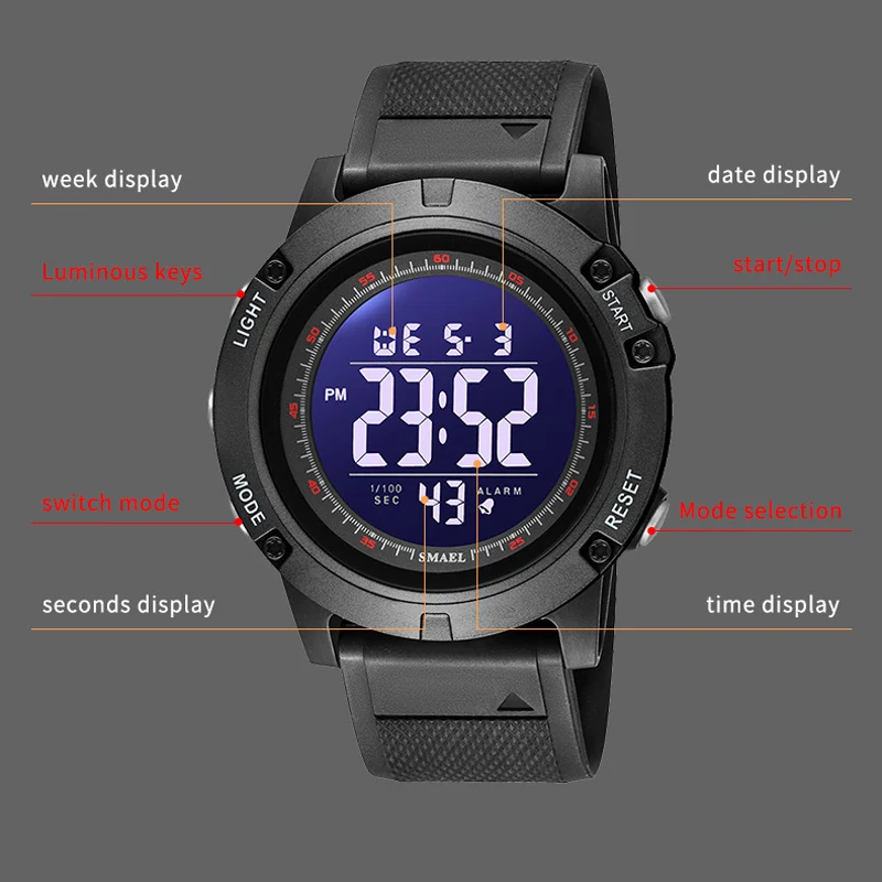 Smael Youth Digital Sport Watches For Men Waterproof Stopwatch Led Electronic Back Light Alarm Wristwatch Male Gifts, Alina Gadgets
