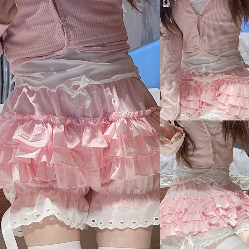 Sweet Layered Ruffled Lace Pink Pumpkin Shorts for Women Girls Japanese Vintage Victorian Bowknot Bloomers Pant