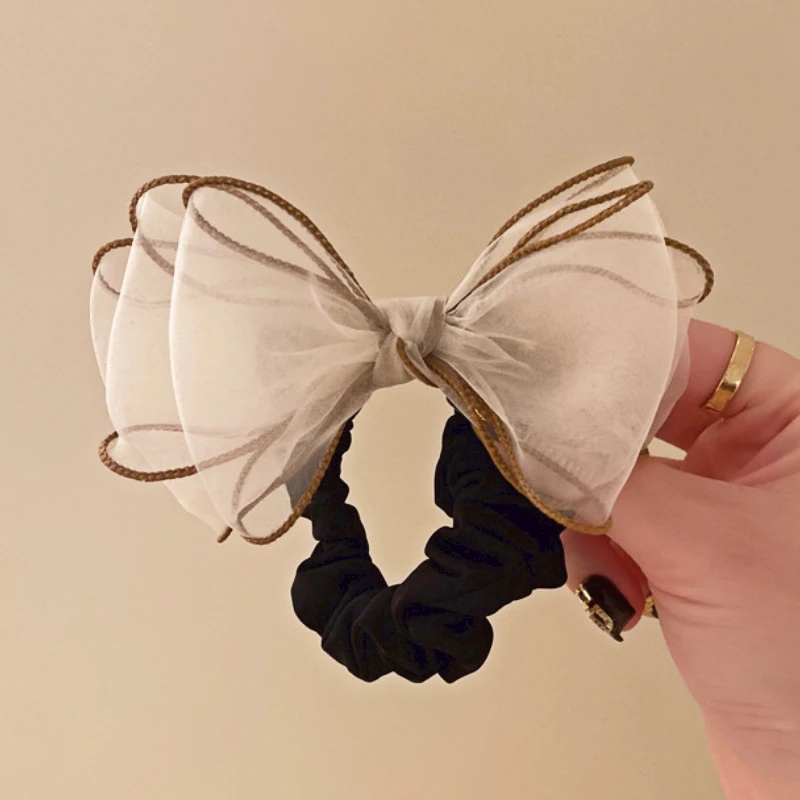 High Quality  Elegant Organza Bow Hair Ties Ring for Girls Retro Bows Large Intestine Ball Head Elastic  Accessories Mujer trinket necklace organza box earringjewellery holder in retro and vintage style display cases