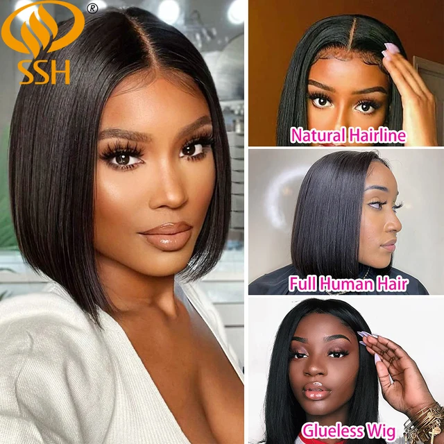 SSH Straight Short Bob Human Hair Wigs for Black Women Lace Part Brazilian Hair Wigs Remy Hair Middle Part Side For Brown Women 3