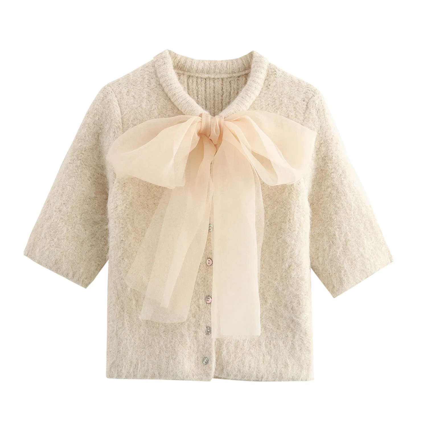 Mohair Knitted Short Sleeve Cardigan Women Lace Bow Single Breasted O-neck Slim Sweater Autumn Winter Fashion Lady Knitwear