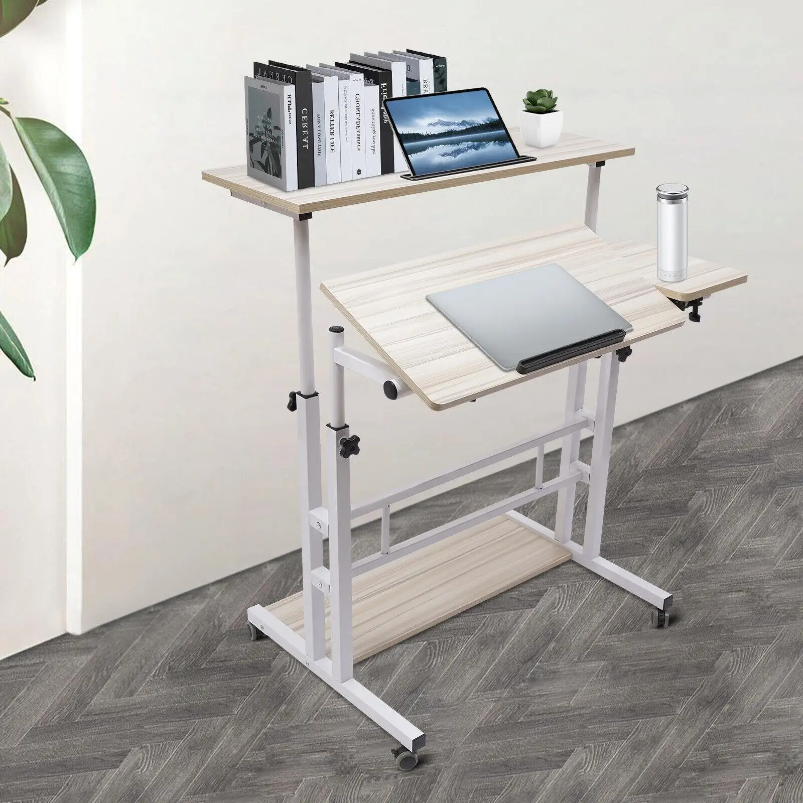 Mobile Stand Up Desk Adjustable Laptop Desk With Wheels Home Office Computer Table-White 6