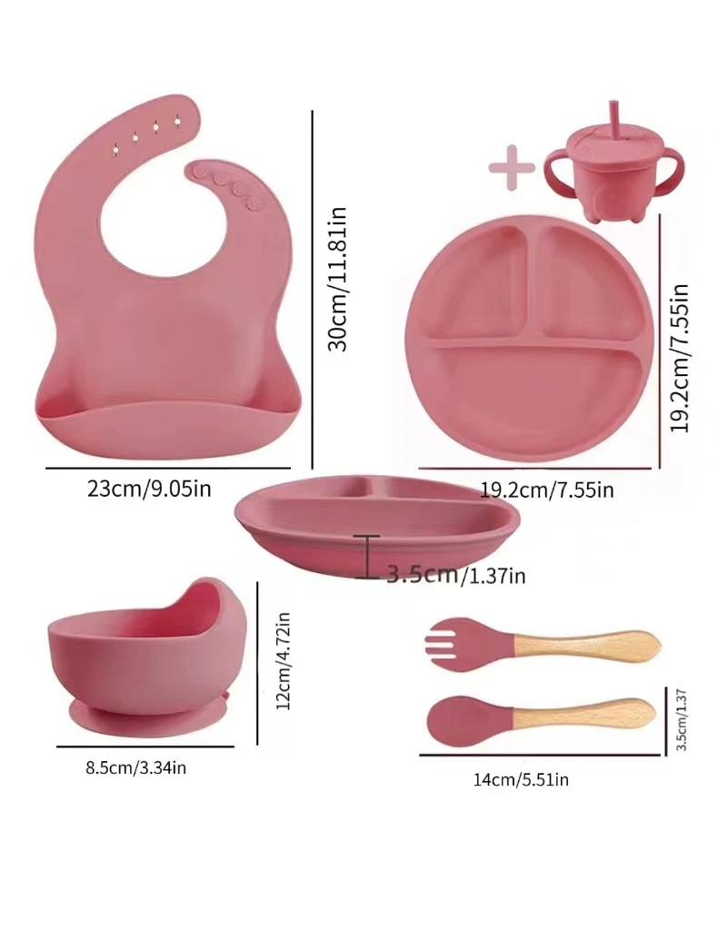 Food Grade Silicone Feeding Set Drop Resistant Suction Cup Integrated Divider Plate Bowl Fork Spoon Bib Cup Auxiliary Food Bowl 6 PCS silicone feeding set