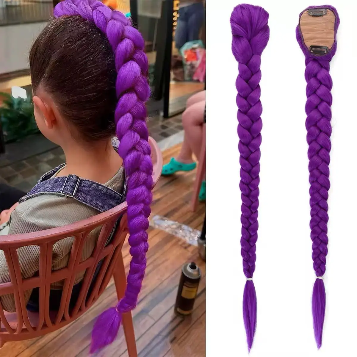 Parrucca Viola per Cosplay di Personaggi Anime KPop per Bambine, Costume Anime, Acconciatura con Coda di Cavallo Lunga 26 Pollici con Clip - immagine 3
