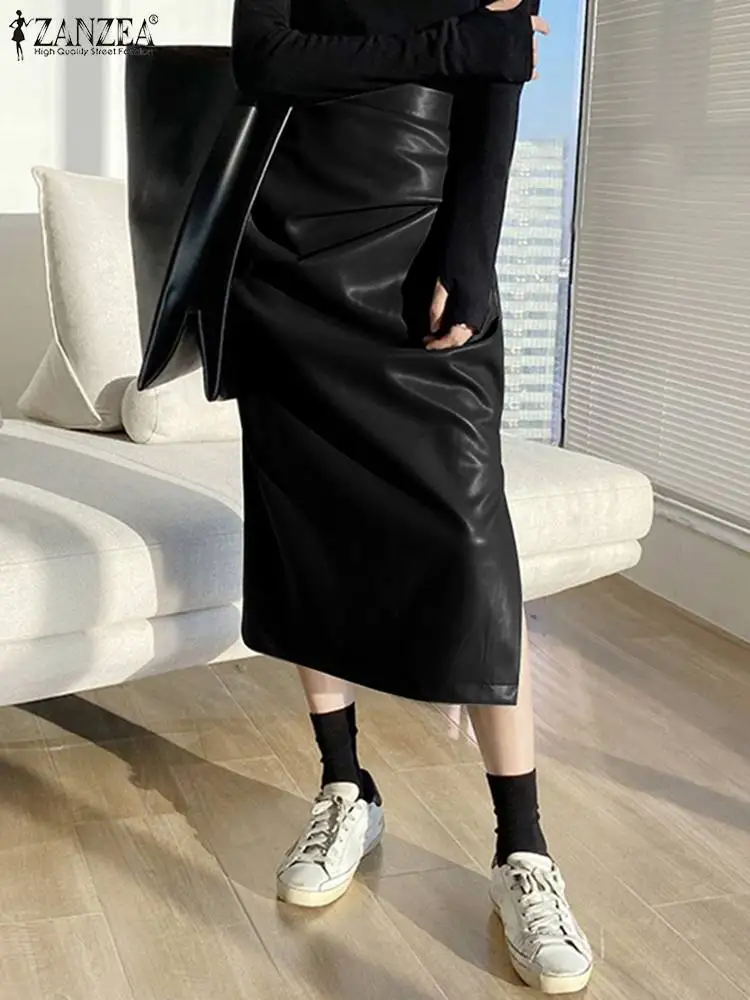 

ZANZEA 2023 Spring Ruched Midi Skirt Korean Fashion Leather Skirts Women Elegant High Waist Faldas Casual Sheath Long Jupe Femme