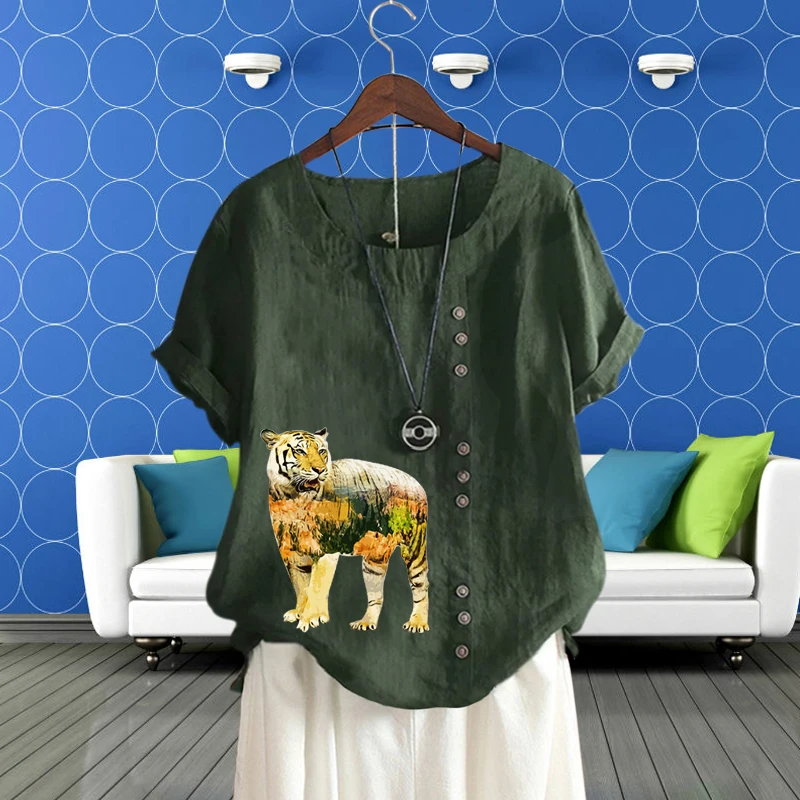 

Lady's Tiger Pattern T Shirt Women's Clothing Round Neck Printed Loose Linen Short Sleeve Fashion Pullover Top for Summer