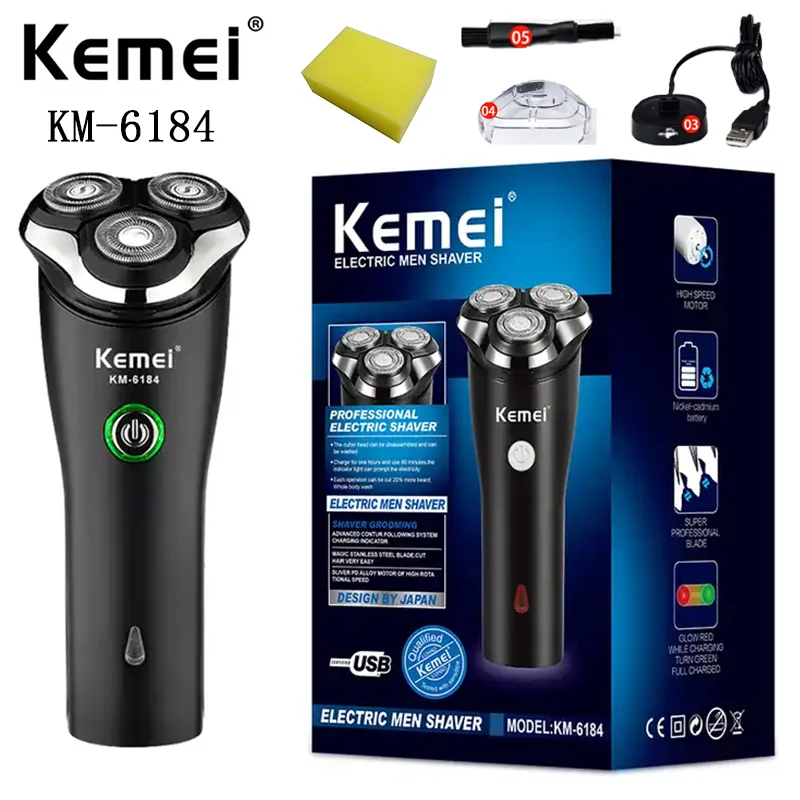 Kemei KM-6184 Usb Rechargeable 3d Triple Floating Head Men Electric Beard Trimmer Shaver enchen men electric shaver gentleman 5 3d triple floating blade head