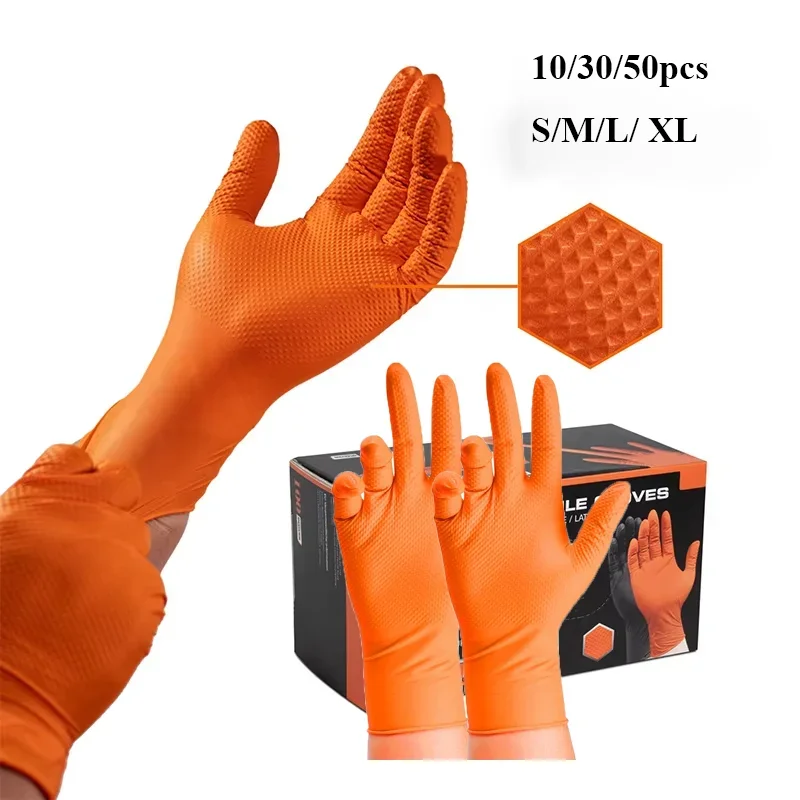 Nitrile Gloves 8Mil Heavy Duty Orange Industrial Disposable Gloves with Diamond Textured Grip Mechanic Safety & Work 10/30/50PCS disposable gloves nitrile gloves safety gloves protective gloves