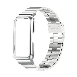 Metal Strap Case Protector, Stainless Steel Watchband Bracelet Cover Shell for Huawei Band 9-8-7-6 (Silver)