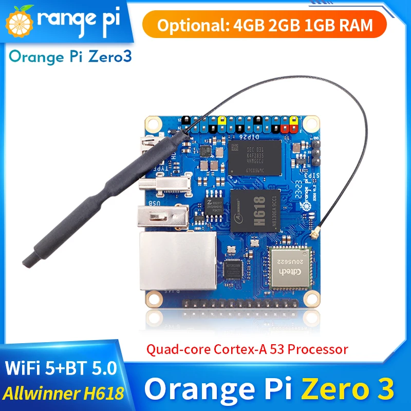 Orange Pi Zero 3 4Gb 2Gb 1Gb Ram Allwinner H618 64-Bit 16Mb Spi Flash Dual Band Wifi5 + Bt 5.0 Gigabit Lan Port Single Board