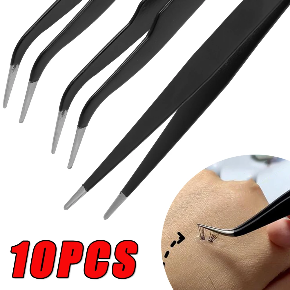 10PCS Stainless Steel Eyebrow Tweezers Straight Curved Eyelash Extension Tweezer Black Color Nail Art Decor Makeup Tools Pick 3