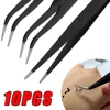 10PCS Stainless Steel Eyebrow Tweezers Straight Curved Eyelash Extension Tweezer Black Color Nail Art Decor Makeup Tools Pick 3
