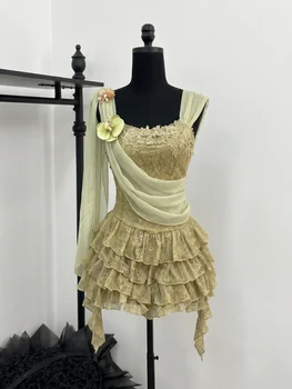 Elegante Abito Mini in Pizzo e Chiffon Trasparente Stile Fairycore da Donna, Vestibilità Slim, con Orlo a Balze, Spalline Sottili e Fiocco, per Appuntamenti e Feste 2026