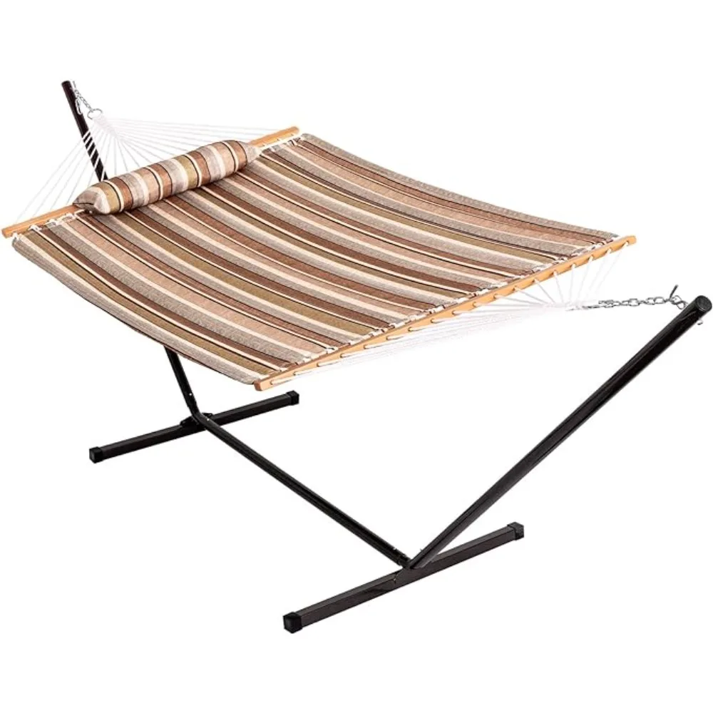 

Quilted fabric hammock with 12 foot stand, double pillows hammock for terrace, garden, 450 pound capacity hammock
