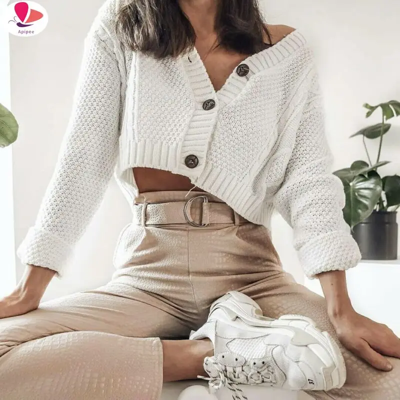 

Women Knitted Cropped Cardigan Sweaters Female Short Coat V Neck Single Breasted Knitwear Spring Autumn Solid Shawl Jacket