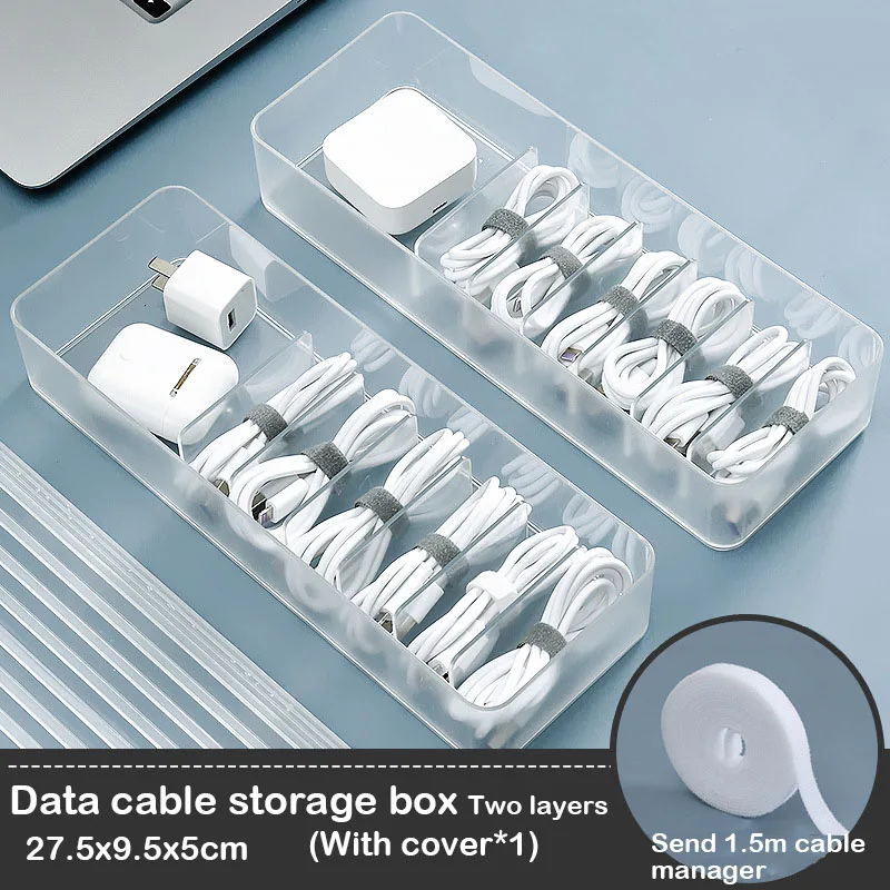 Transparent Desktop Data Cable Storage Box Mobile Phone Charger Power Cord Organize Case Partitioned Box With Cover 