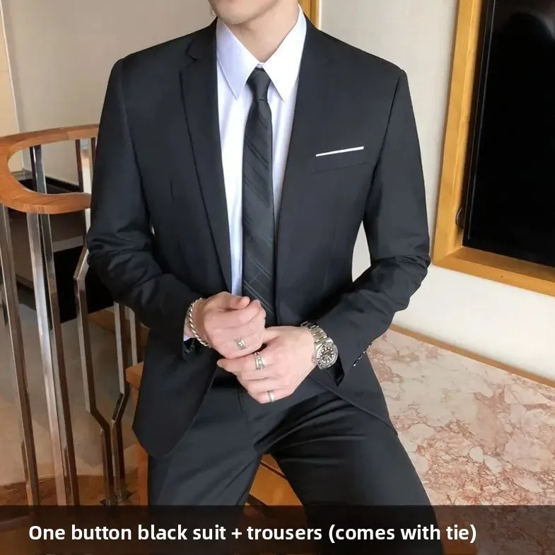 One button black suit + pants + tie