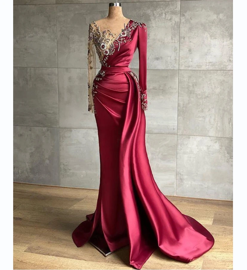 Elegant Burgundy Satin Long Sleeve Party Dress Gemstone Crystal Decal Mermaid Floor-Length Pleats for Women  فساتين مناسبة رسمية