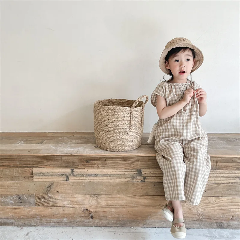 

Baby Girls Plaid Overalls Kids Sleeveless Playsuit Children Linen Cotton Jumpsuit Korean Toddlers Summer Fashion Clothes Pants