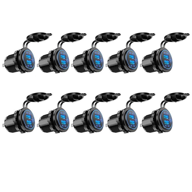 

10X Quick Charge 3.0 Dual USB Car Charger 12V 36W USB Fast Charger With Switch For Boat Motorcycle Truck Golf Cart Blue